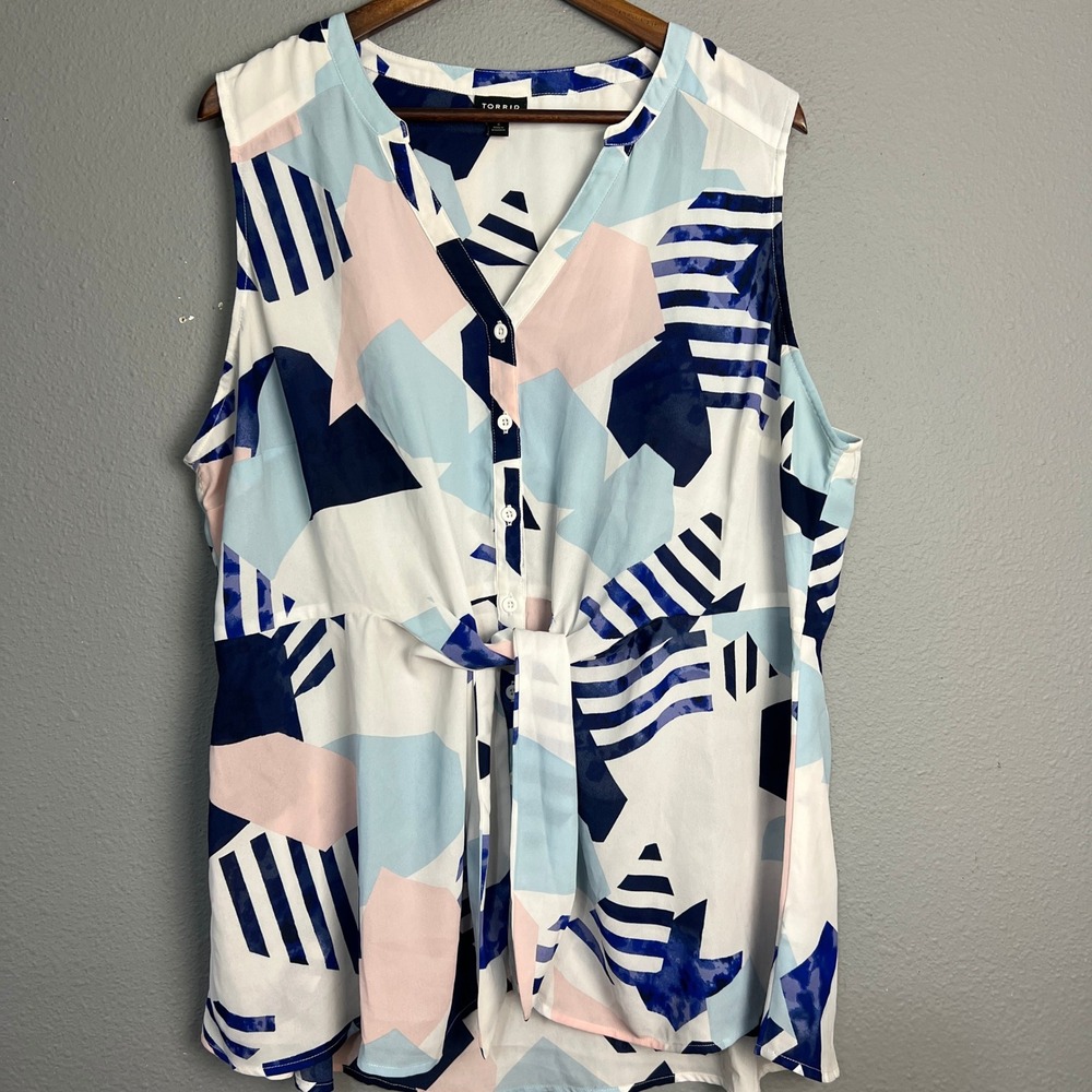 Torrid Blouse Sleeveless Tie Waist Abstract Geometric Colorblock Print Plus Sz 2
